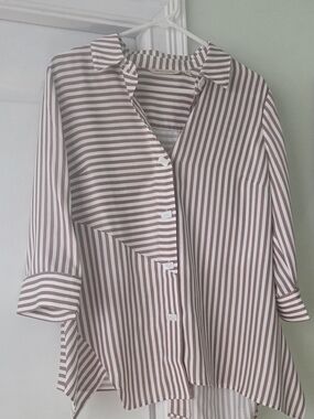 Soft Surroundings Pink and White Striped Button-Front Blouse
